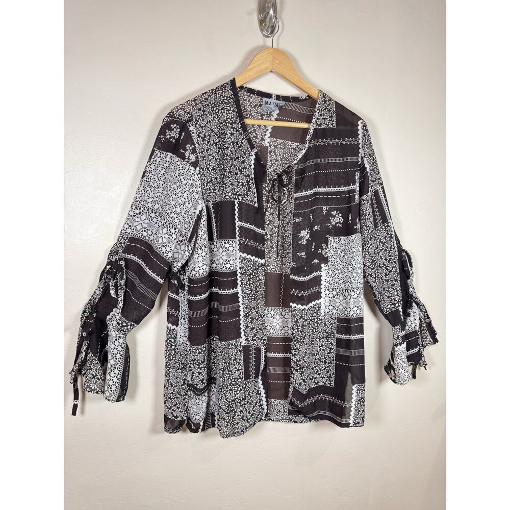 Magic Top Womens Blouse Tie Front Patchwork Boho Floral Brown Lightweight Kimono